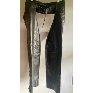 Kookie Genuine Leather Chaps Size XS Black Zippers 3 Button Snaps On Legs